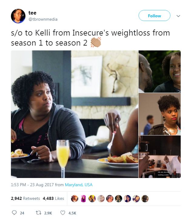 Tee Brown, a fan of the show Insecure congratulates Natasha on her weight loss from season 1 to season 2