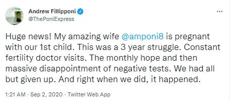 Andrew Fillipponi's Post of His Wife Being Pregnant