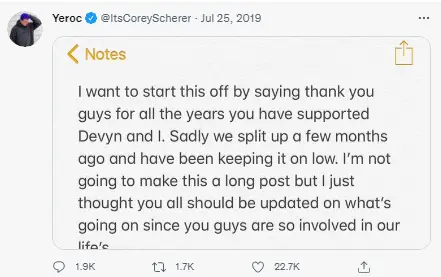 Corey Scherer's Breakup Post On His Twitter (Source Twitter)