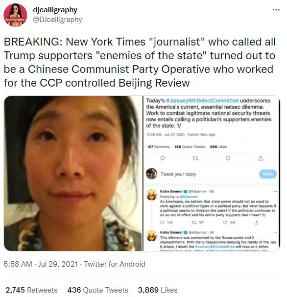 Tweet About Katie Benner Accused Of Being A Chinese Communist Party Operative