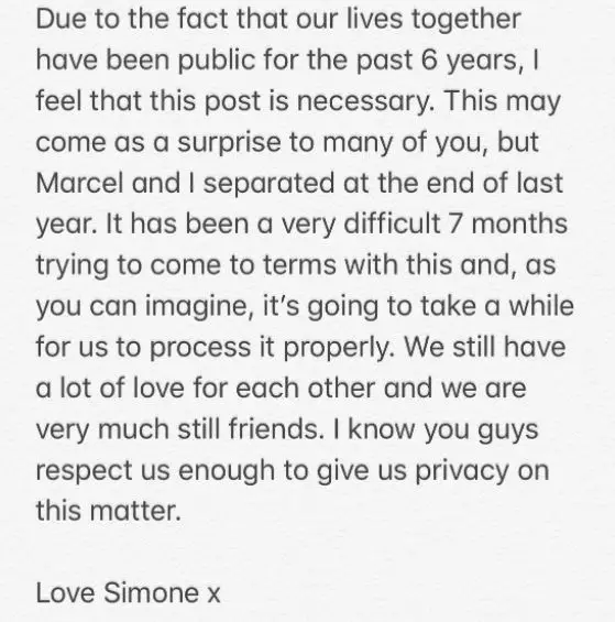 Simoneâ€™s post about her separation with Marcel