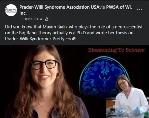Prader-Willi Syndrome Association Recognizes Mayim Bialik's Contribution