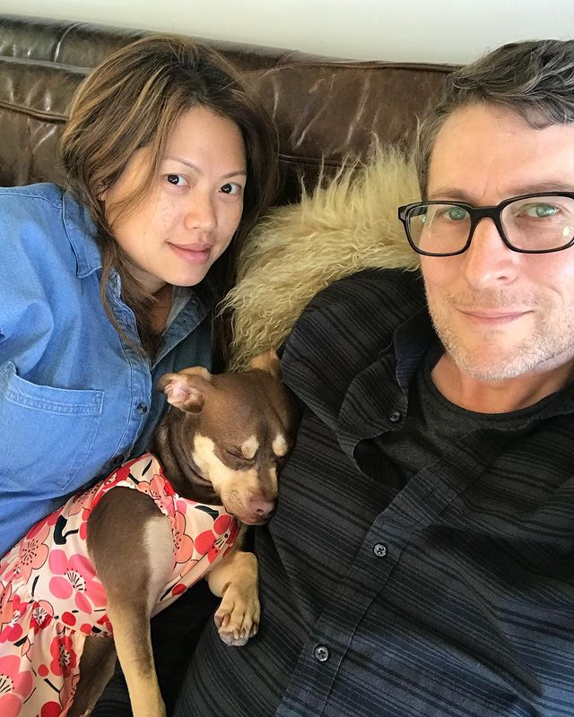 Scott Aukerman & His Wife With One Of Their Dog