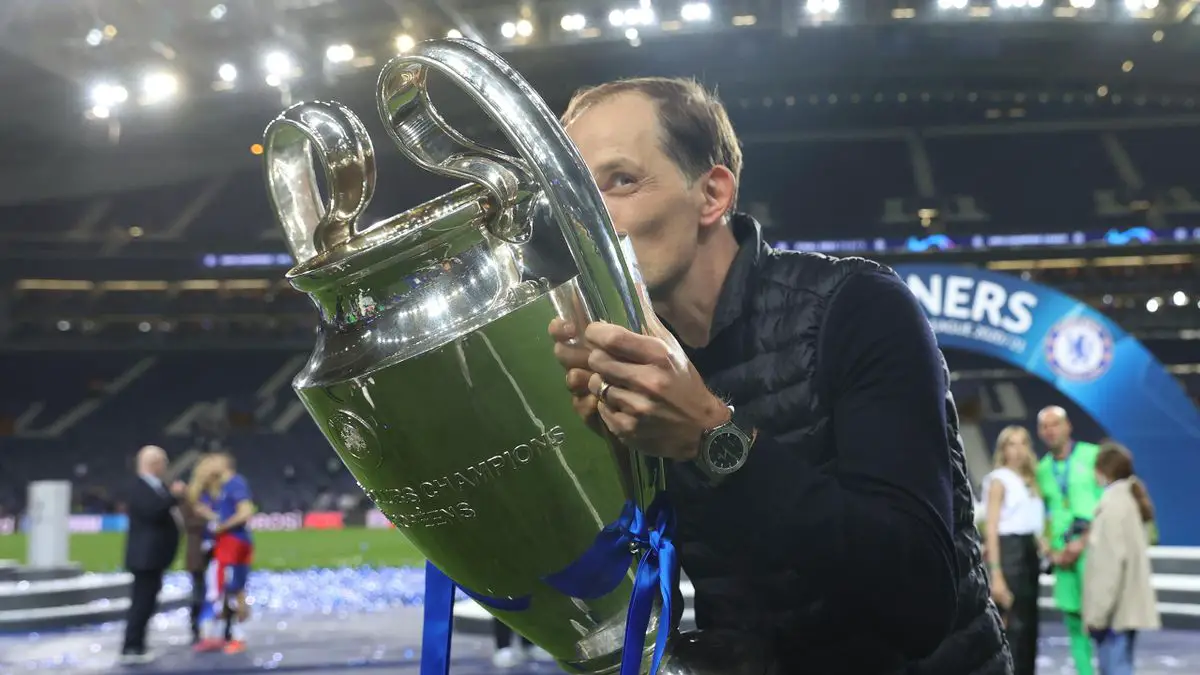Thomas Tuchel Holding The Champions League Trophy After A Win For Chelsea