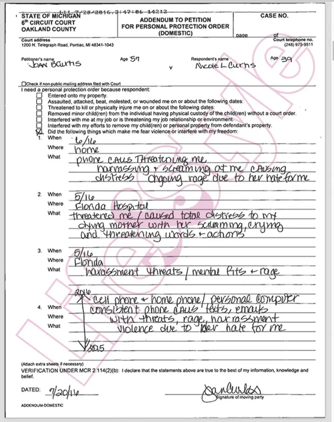 Nicole Curtis's Mother File for restraining order form her