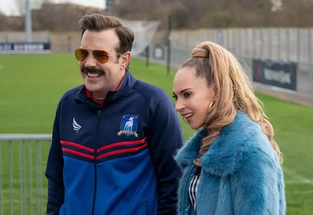 Juno Temple with co-star Jason Sudeikis in Ted Lasso 