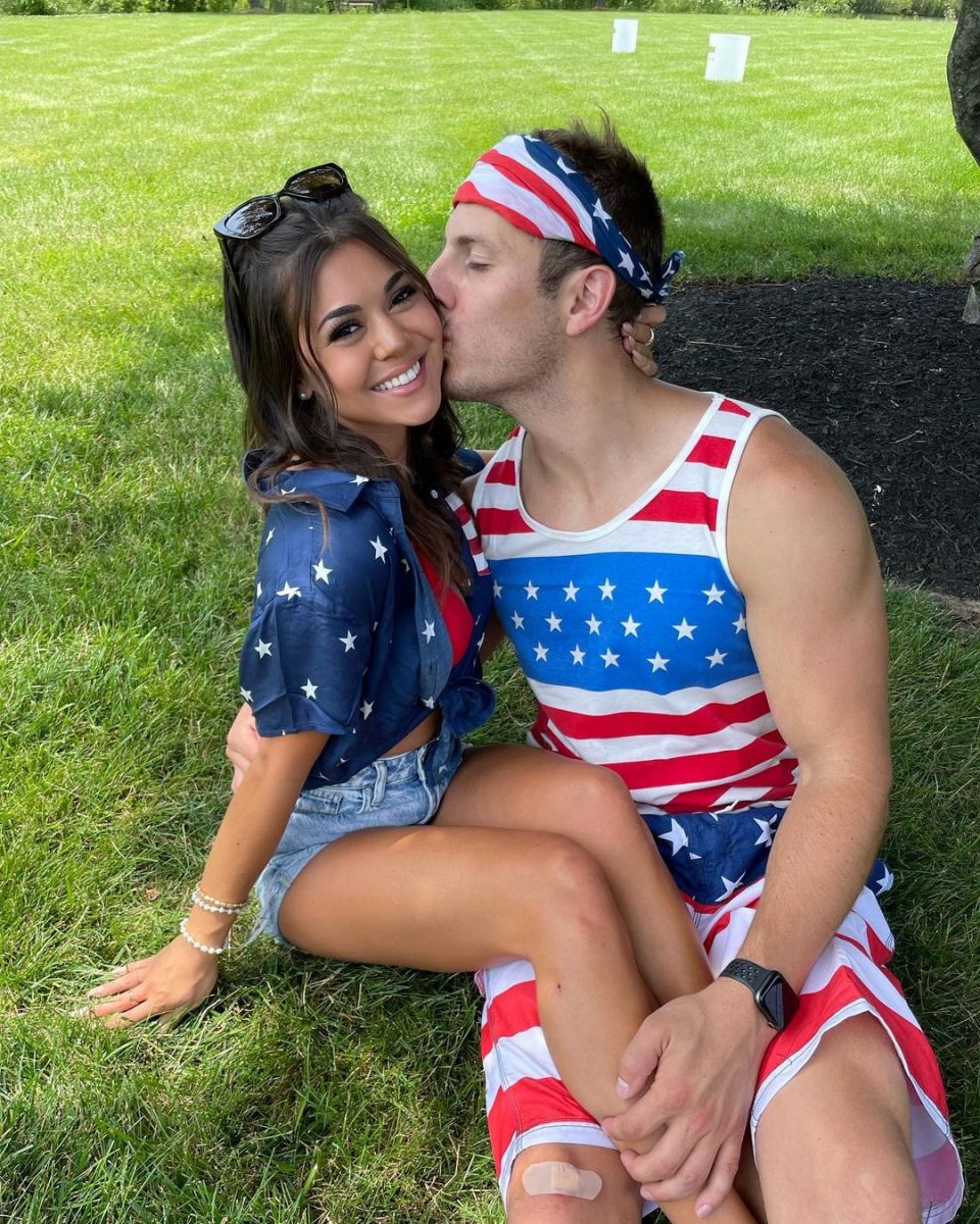 Steph and her boyfriend striking a pose with a romantic gesture