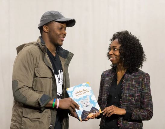 Teddy and his girlfriend, promoting the book Little Bear Teddy